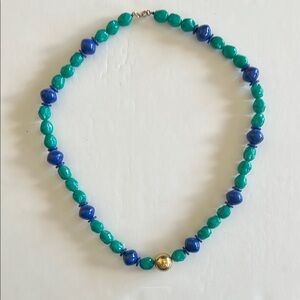 Necklace—Blue and Green Beads with Gold Center Bead. 26 inches.